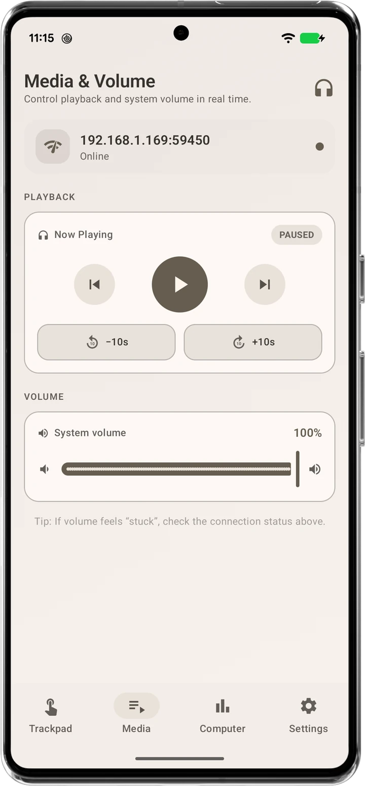 RemotePC media and volume screen