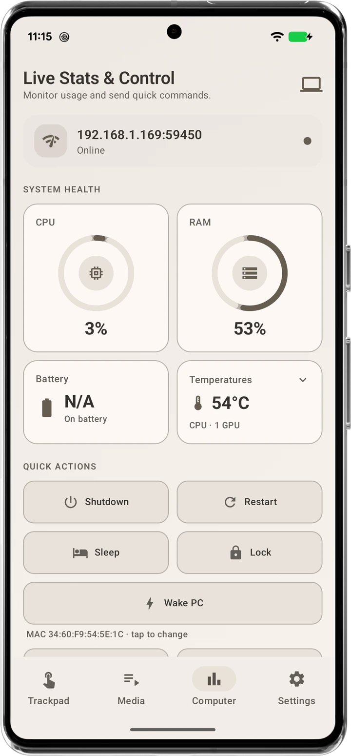 RemotePC live stats and quick actions screen
